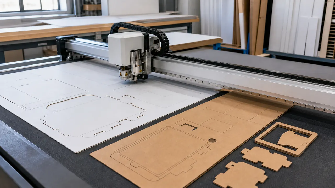 Flatbed CNC cutter cutting cardboard and corflute packaging test sheets