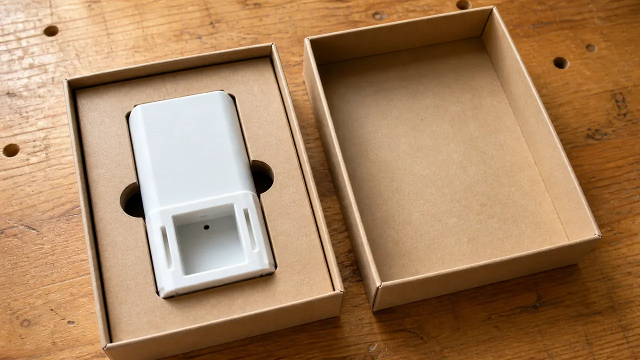 3D printed prototype fitted into a cardboard packaging insert