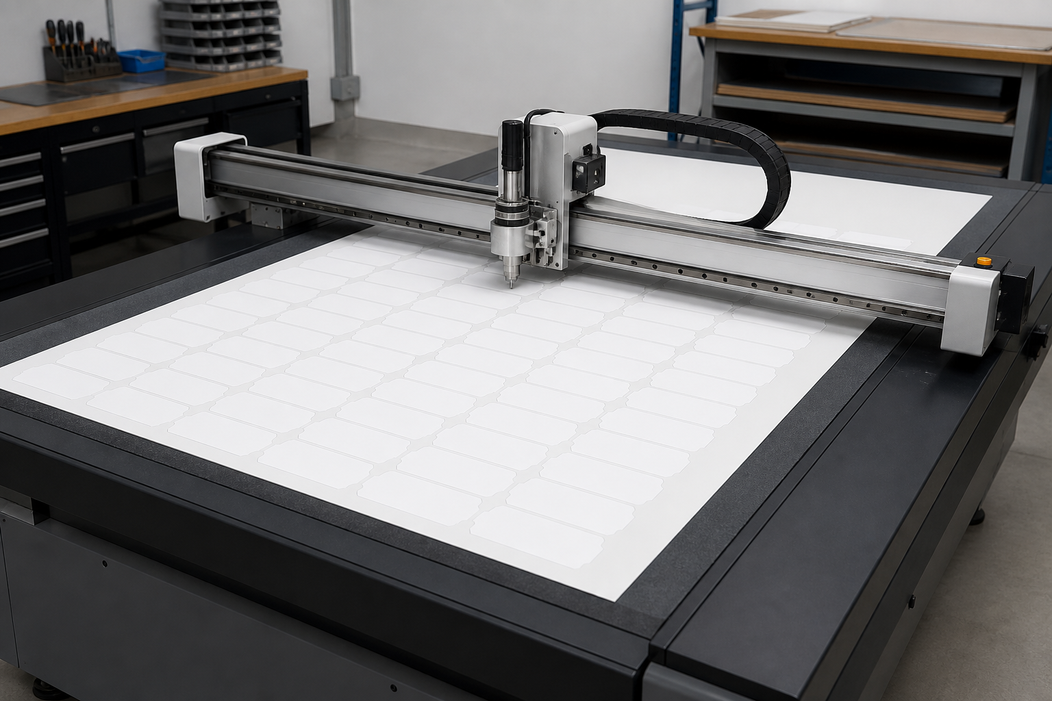Flatbed cutter producing blank adhesive vinyl label shapes