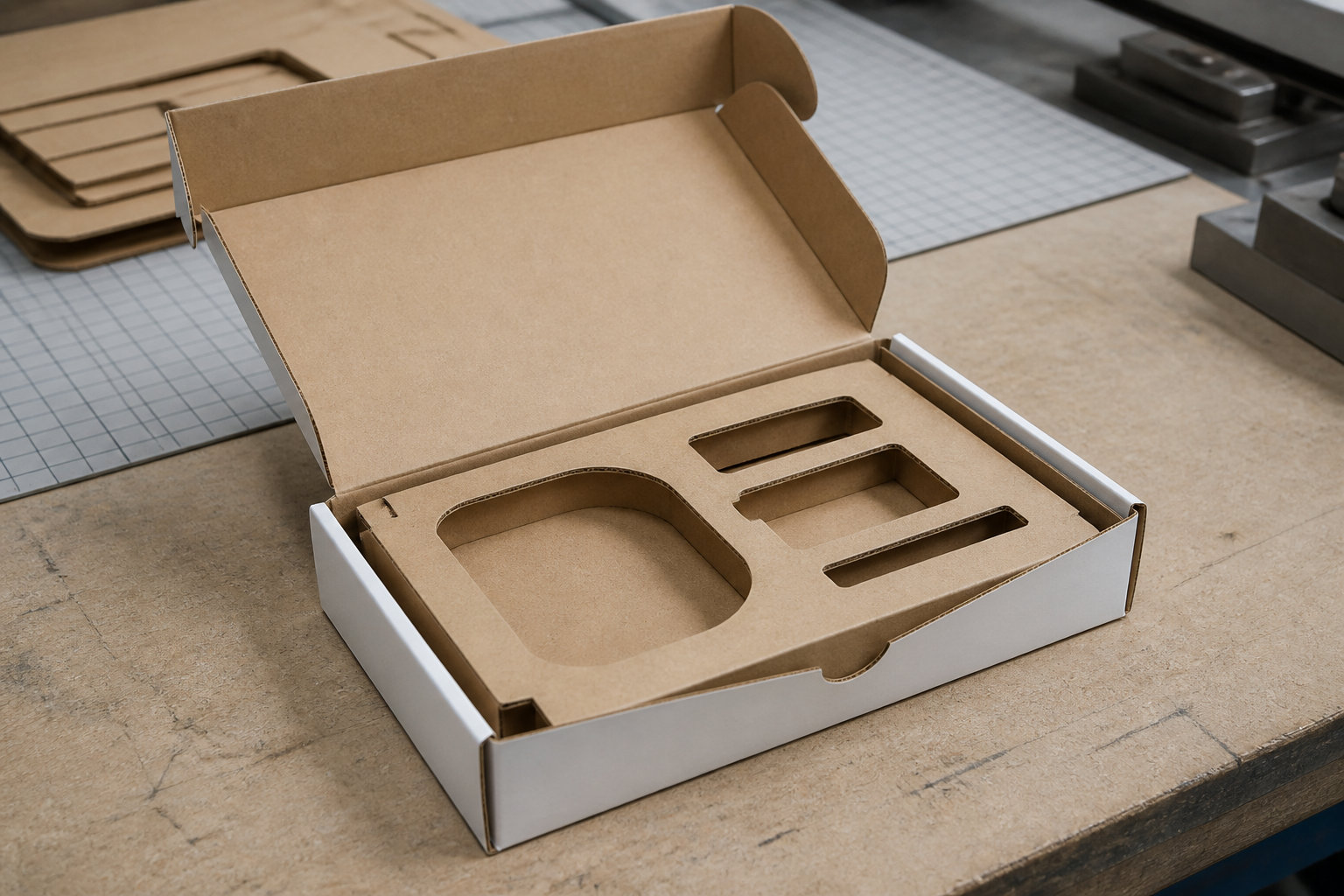 Cardboard packaging prototype with a die-cut insert being test fitted