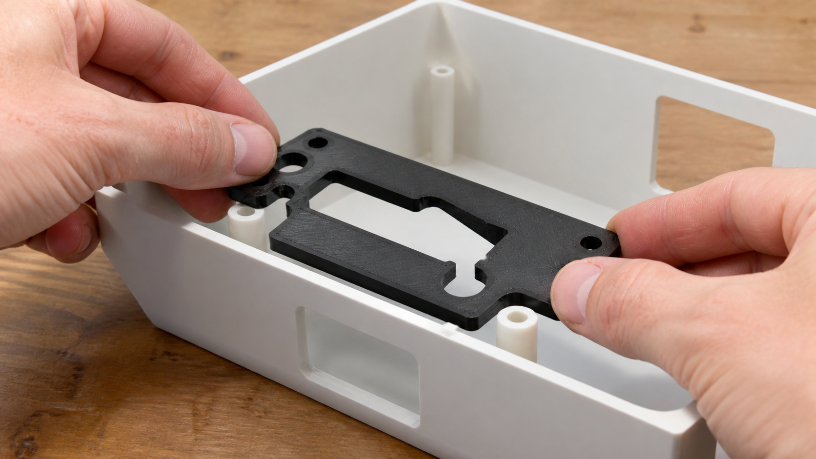 Hands checking the fit of a 3D-printed bracket in a product housing
