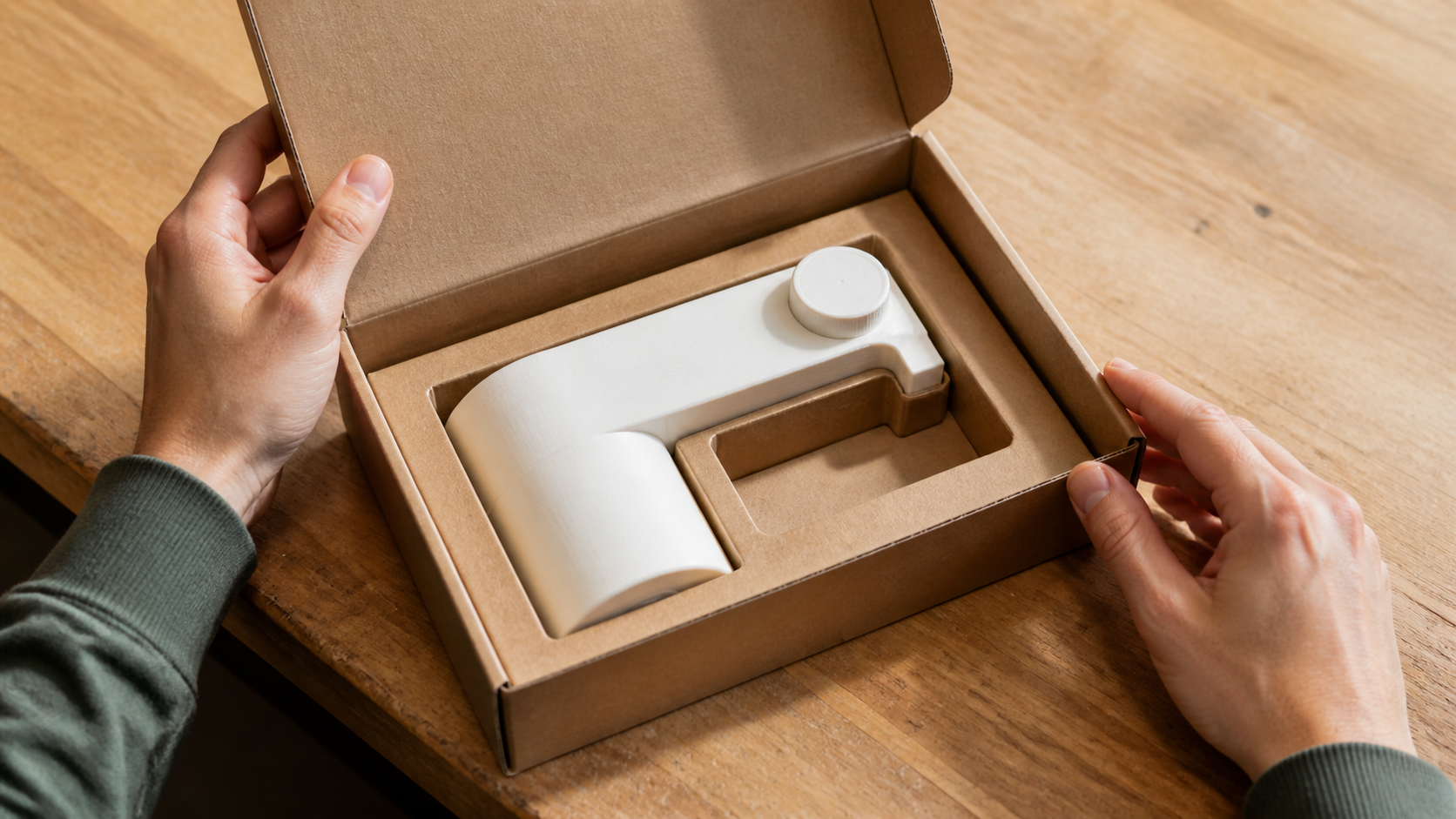 Hands testing a prototype product, cardboard insert, and box closure